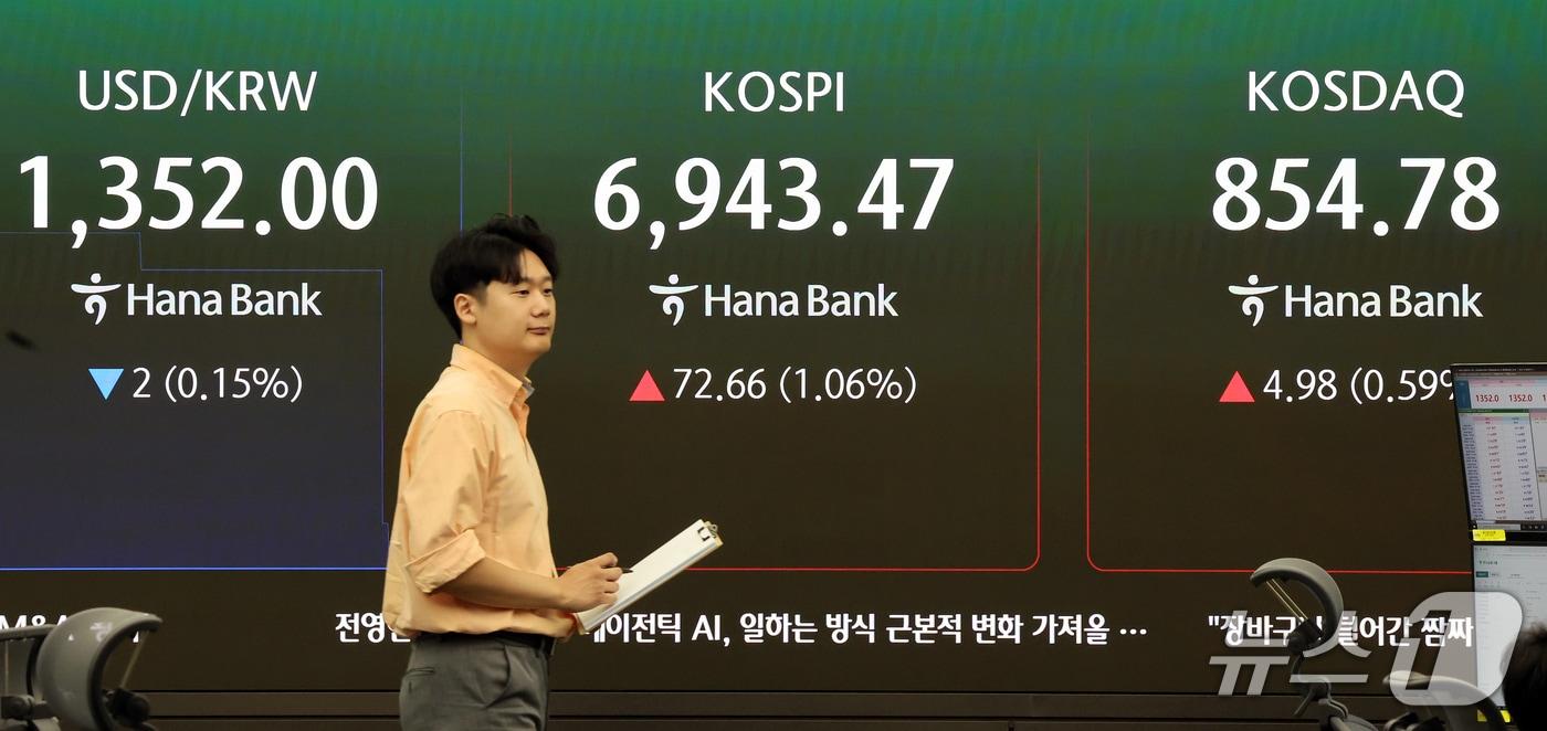 본문 이미지 - 30일 서울 중구 하나은행 본점 딜링룸 전광판에 코스피 등 개장 시황이 표시되고 있다. 2026.9.30 ⓒ 뉴스1 김진환 기자