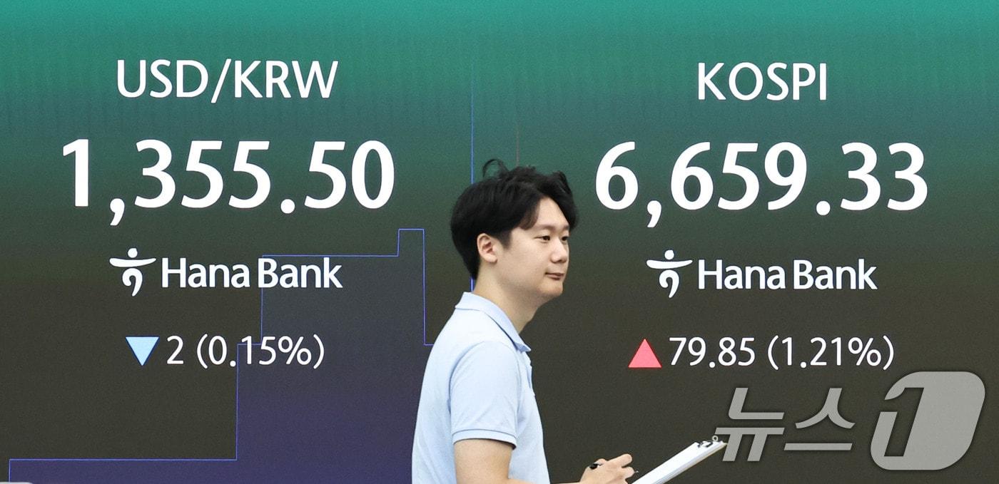 본문 이미지 - 4일 오전 서울 중구 하나은행 딜링룸 전광판에 코스피 지수 등 시황이 표시되고 있다. 2026.9.4 ⓒ 뉴스1 이종수 기자