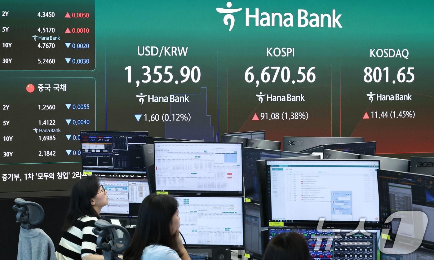 본문 이미지 - 4일 오전 서울 중구 하나은행 딜링룸 전광판에 코스피 지수 등 시황이 표시되고 있다. 2026.9.4 ⓒ 뉴스1 이종수 기자
