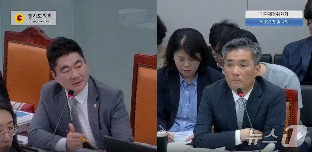 본문 이미지 - 4일 장한별 경기도의회 의원(왼쪽)이 기획재정위원회에서 정두석 경기도 기획조정실장을 상대로 제2회 추가경정예산안 관련 질의를 하고 있다.(경기도의회 생중계 캡처. 재판매 및 DB 금지)