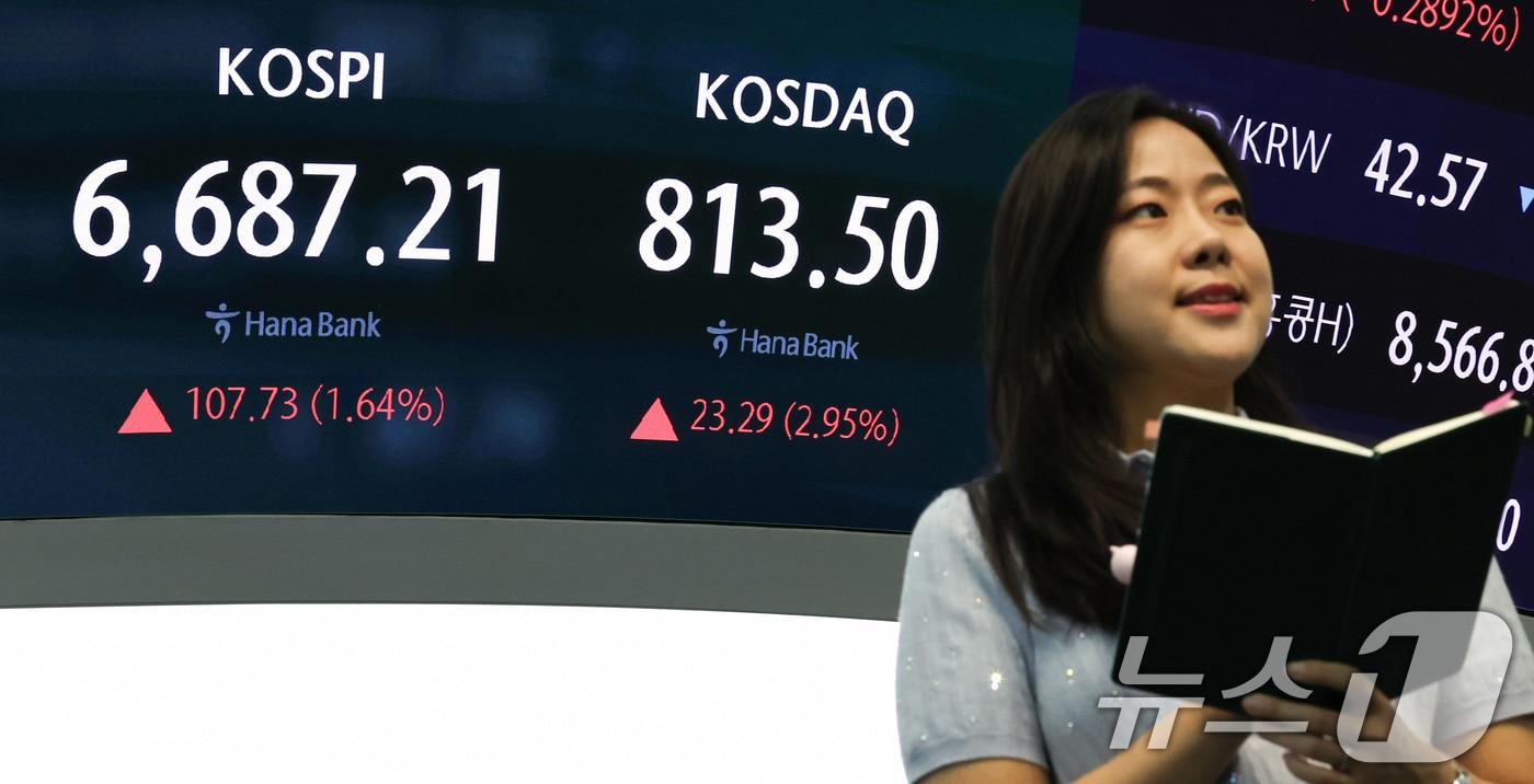 본문 이미지 - 4일 오후 서울 중구 하나은행 딜링룸 전광판에 코스피 지수 등 시황이 표시되고 있다.  2026.9.4 ⓒ 뉴스1 이종수 기자