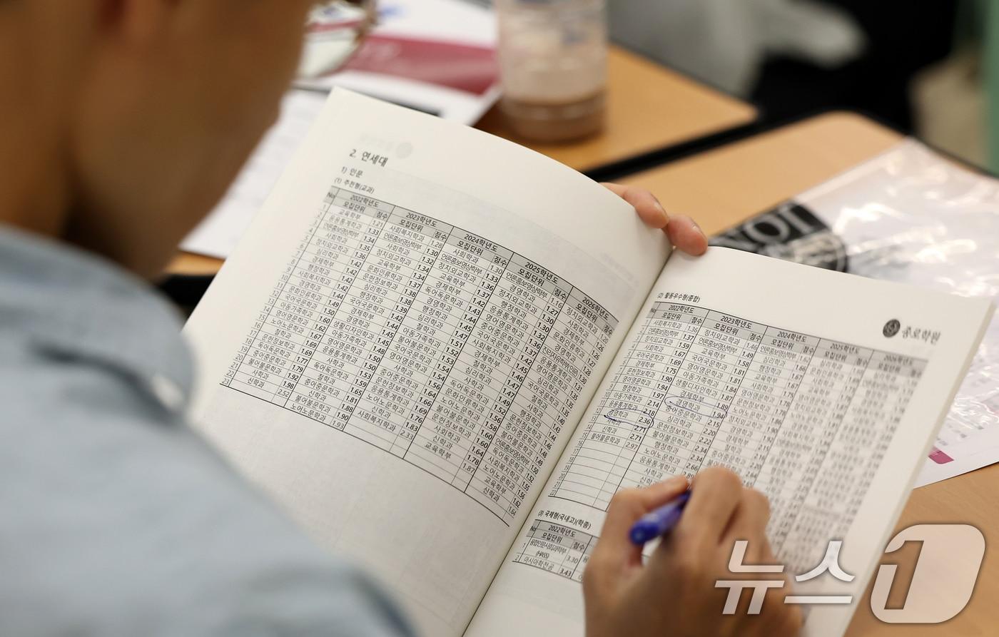 본문 이미지 - 6일 서울 강남구 강남종로학원 대강당에서 열린 종로학원 9월 모의평가 긴급분석 및 2027 수시대학 최종 결정 파이널 설명회를 찾은 학부모들이 자료를 살펴보고 있다. 2027학년도 입시는 내신 9등급제와 통합 대학수학능력시험(수능)으로 치러지는 마지막 해로 오는 7일부터 대학입학 수시모집 원서접수가 시작된다. 2026.9.6 ⓒ 뉴스1 김진환 기자