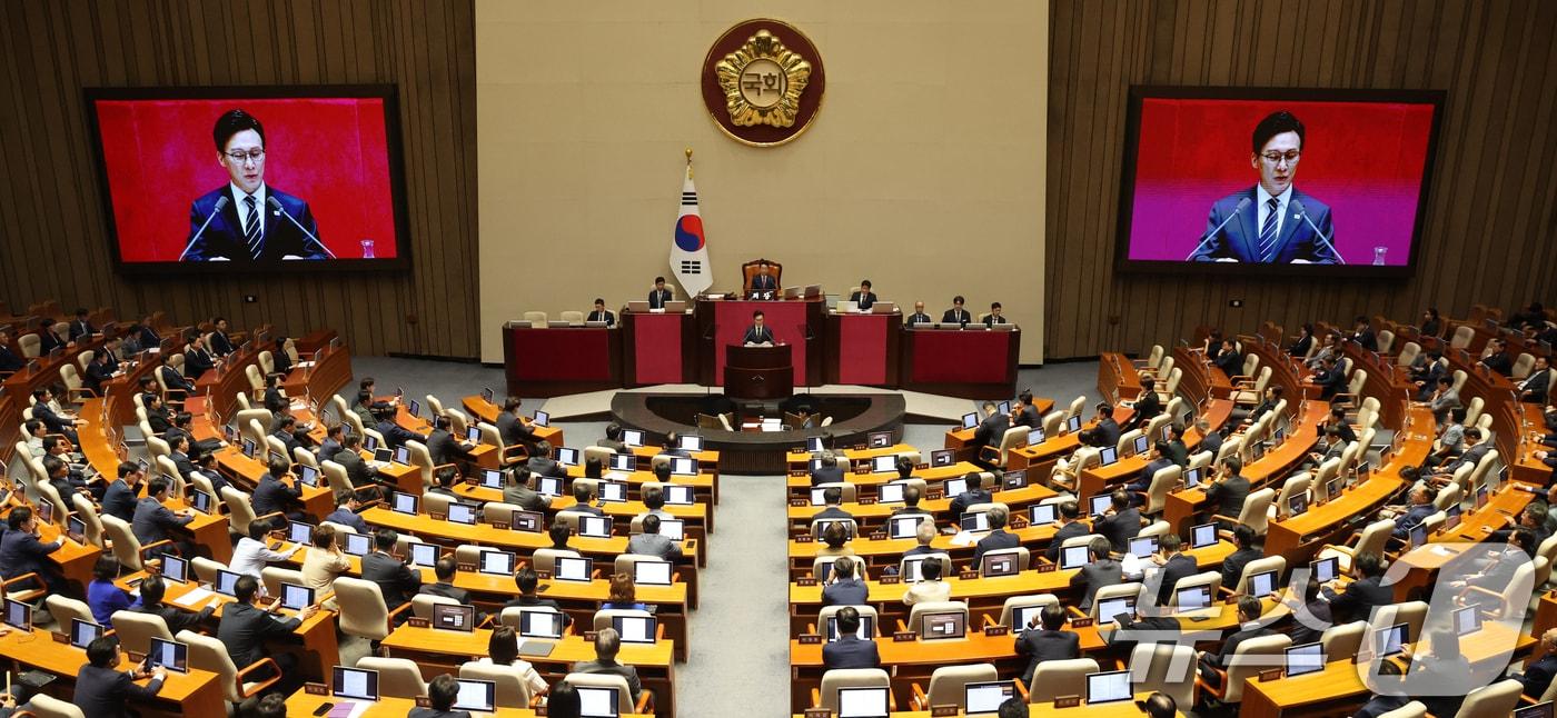 본문 이미지 - 김민석 더불어민주당 대표가 7일 오전 서울 여의도 국회에서 열린 제439회국회(정기회) 제3차 본회의에서 교섭단체 대표연설을 하고 있다. 2026.9.7 ⓒ 뉴스1 황기선 기자