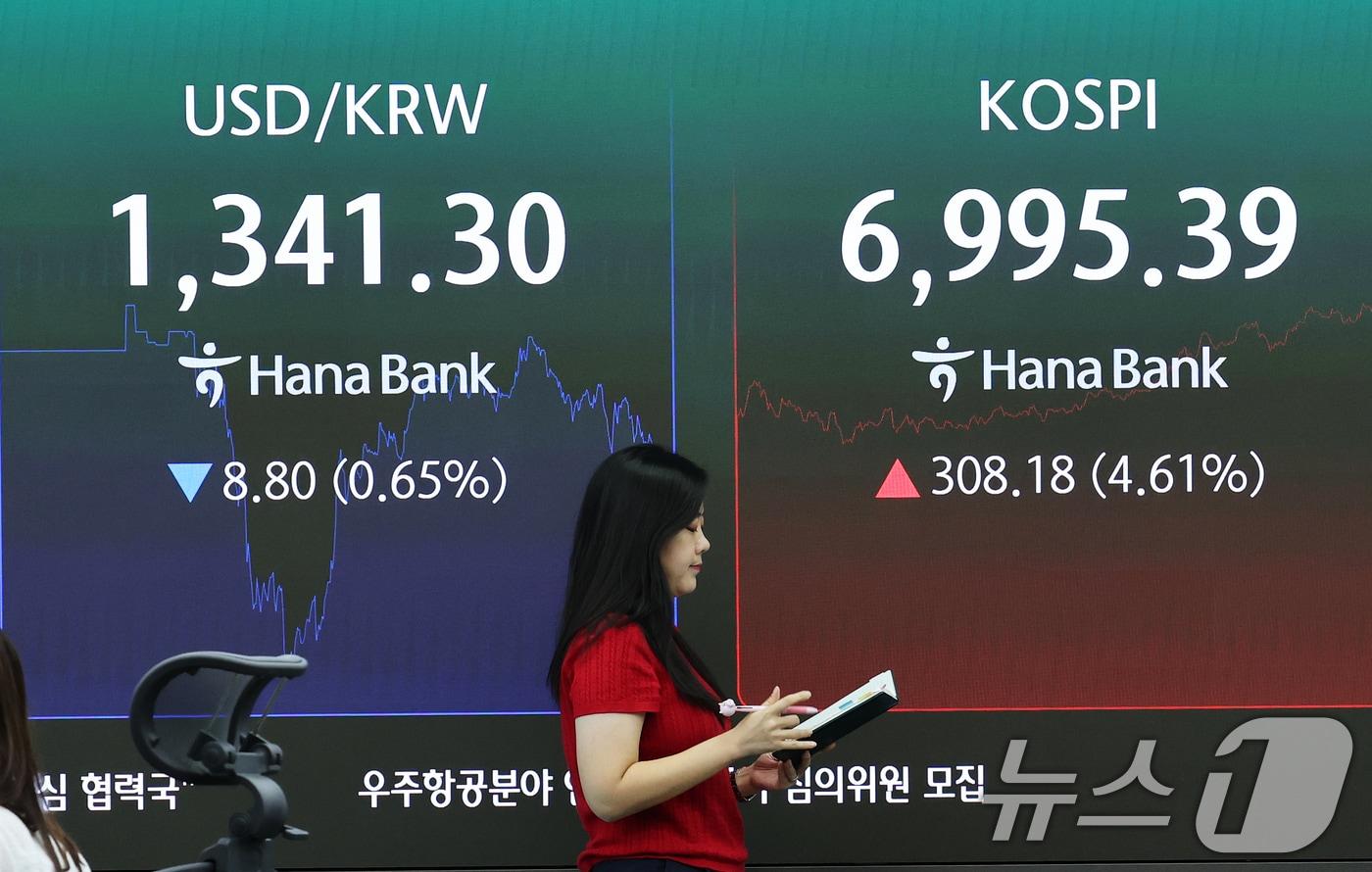 본문 이미지 - 7일 오후 서울 중구 하나은행 본점 딜링룸 전광판에 환율 시세가 표시되고 있다.  2026.9.7 ⓒ 뉴스1 오대일 기자