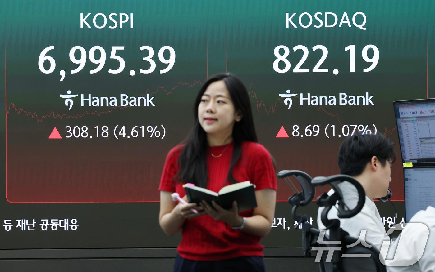 본문 이미지 - 미국발 훈풍에 코스피가 상승 마감한 7일 오후 서울 중구 하나은행 본점 딜링룸 전광판에 코스피 등 종가가 표시되고 있다.2026.9.7 ⓒ 뉴스1 오대일 기자