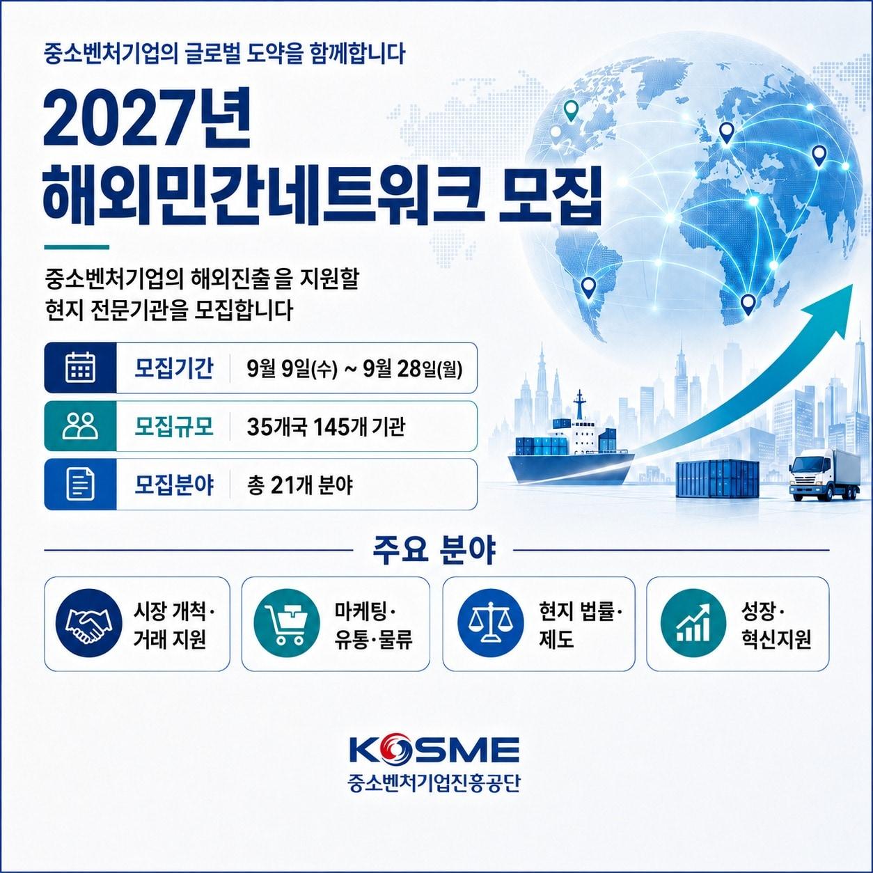 본문 이미지 - 2027년 해외민간네트워크 전문기관 모집(중소벤처기업진흥공단 제공, AI로 생성한 이미지)