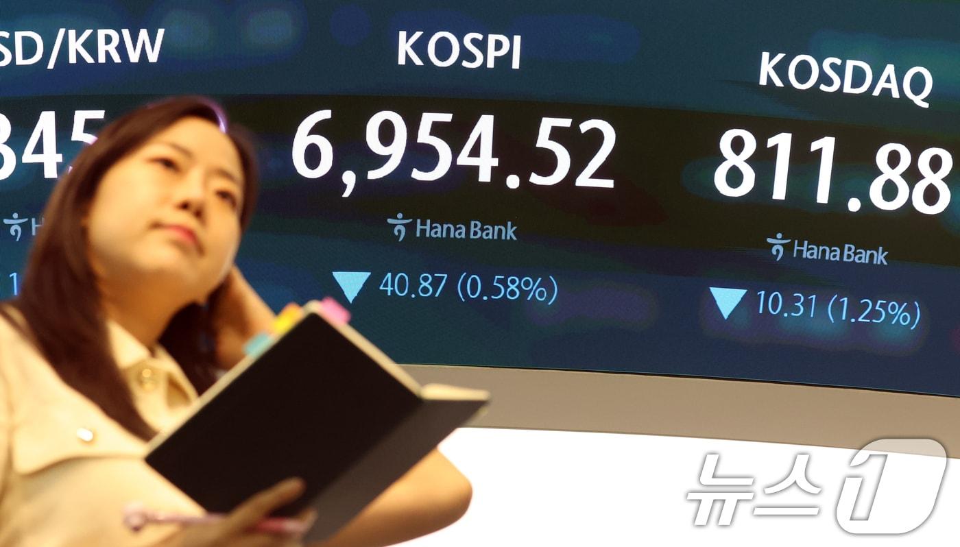 본문 이미지 - 8일 오후 서울 중구 하나은행 딜링룸 전광판에 코스피 지수 등 시황이 표시되고 있다. 2026.9.8 ⓒ 뉴스1 김명섭 기자