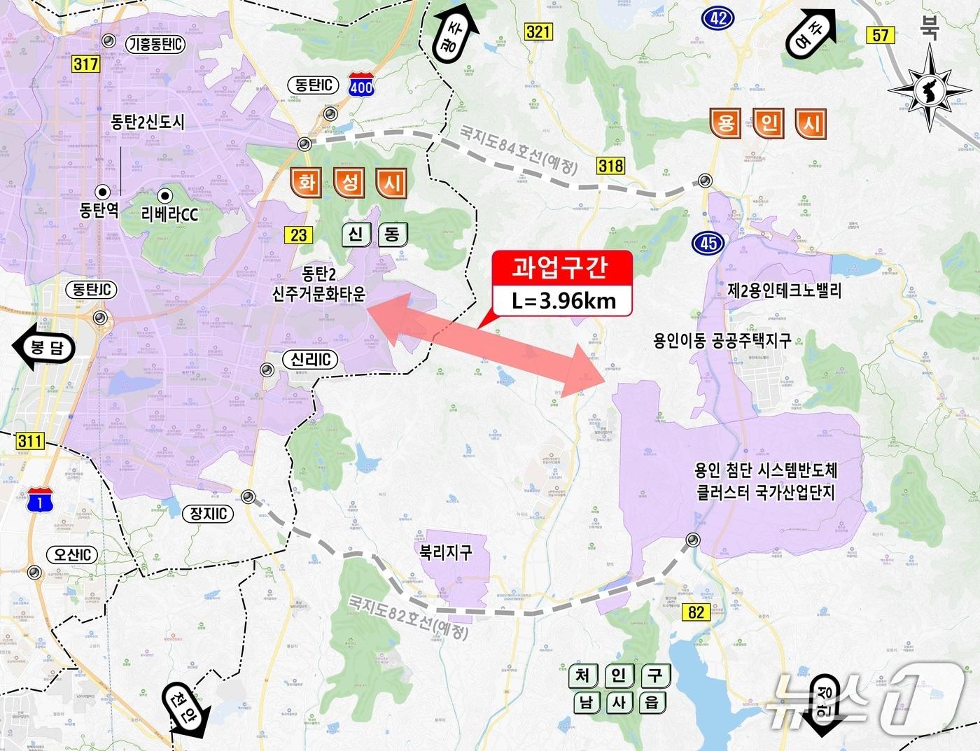 본문 이미지 - '용인 남사읍~화성 신동 연결도로 개설사업' 위치도.(용인시 제공)