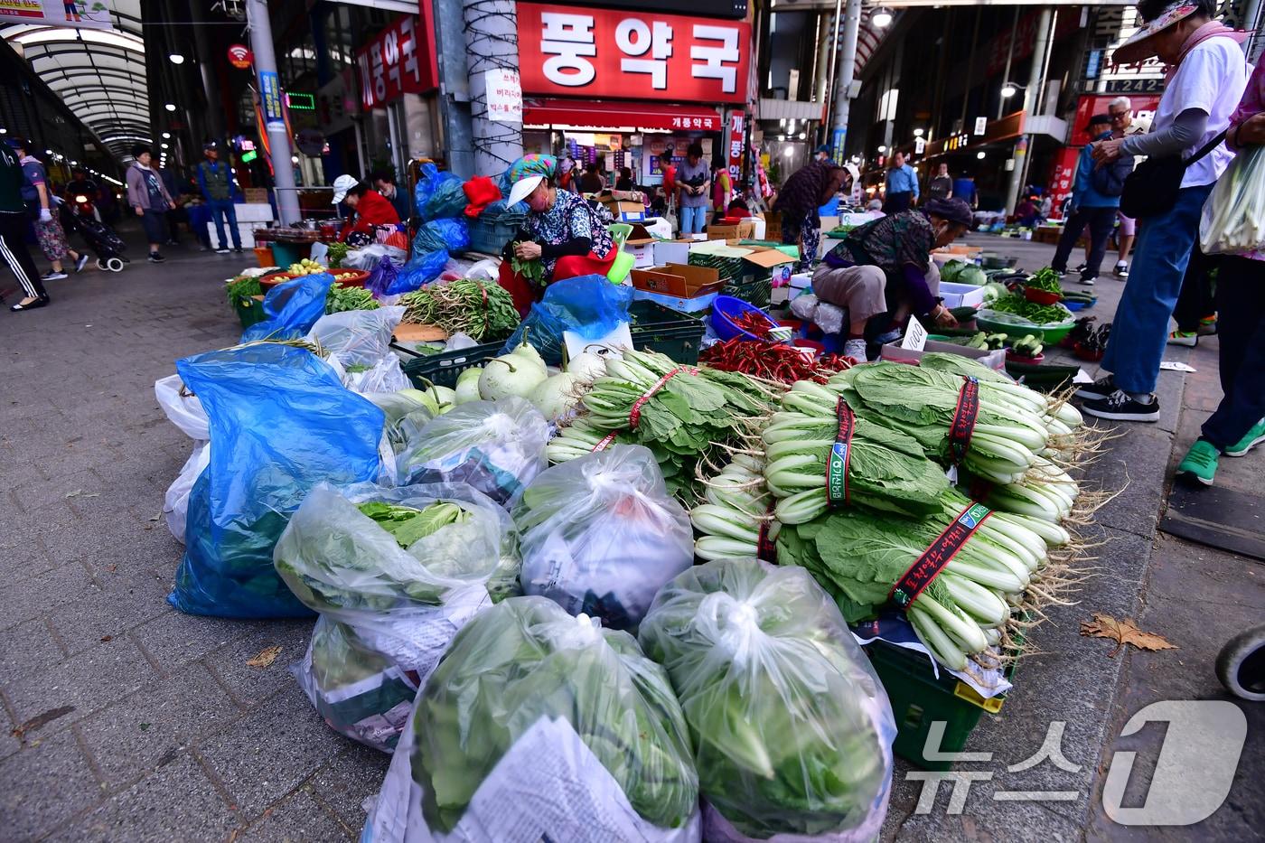 본문 이미지 - 9일 오전 경북 포항시 죽도시장 입구 앞에서 노점상인들이 채소를 팔고 있다. 상인은 "현재 얼갈이 배추 한 단에 8000원에 판매하고 있다＂고 밝혔다. ⓒ 뉴스1 최창호 기자