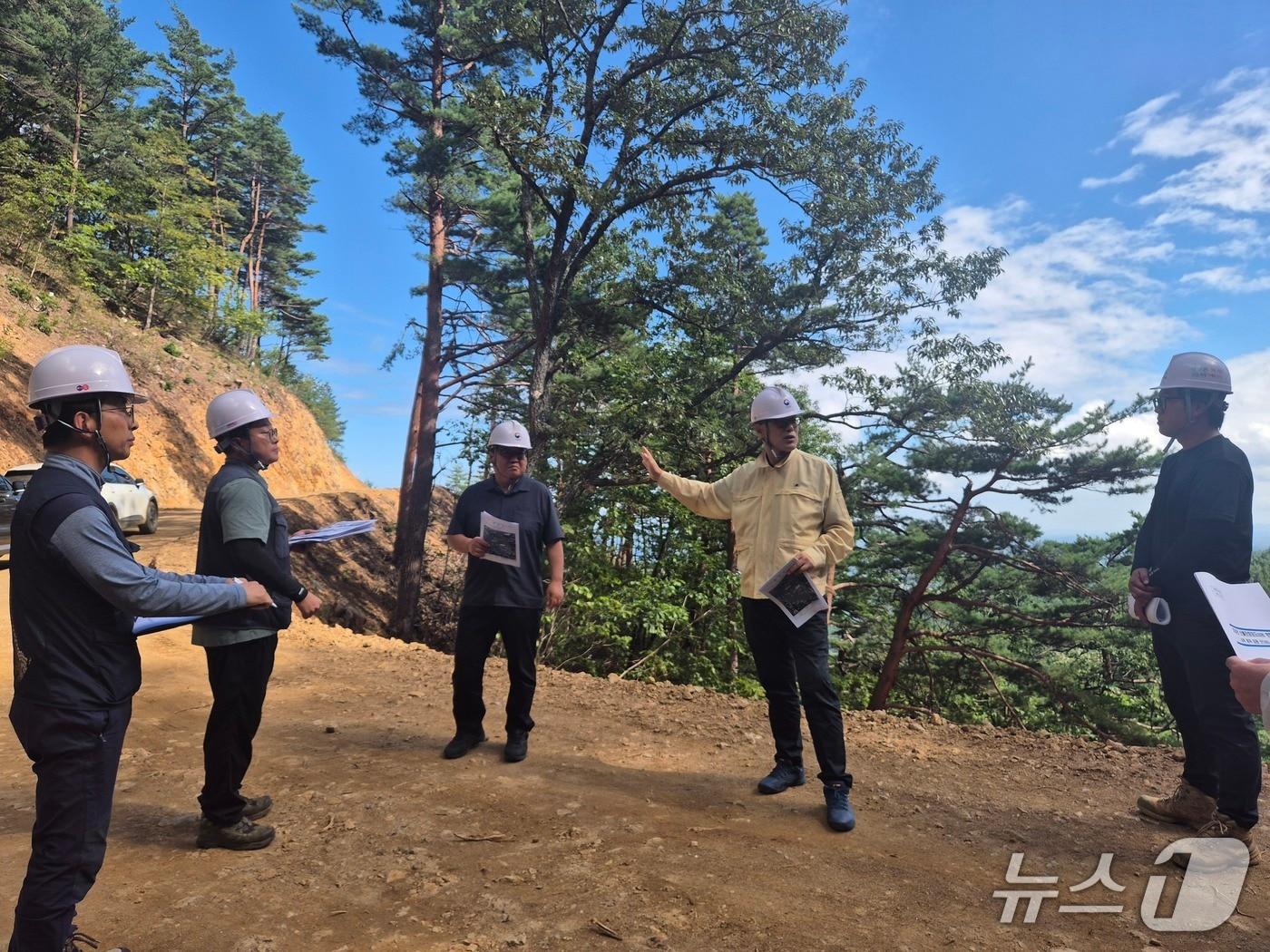 본문 이미지 - 남송희 동부지방산림청장(가운데 민방위복) 지난 8일 삼척 산불진화임도 현장에서 근로자들에게 안전수칙 준수 여부를 점검하고 있다.(동부산림청 제공, 재판매 및 DB 금지) 2026.9.9/뉴스1