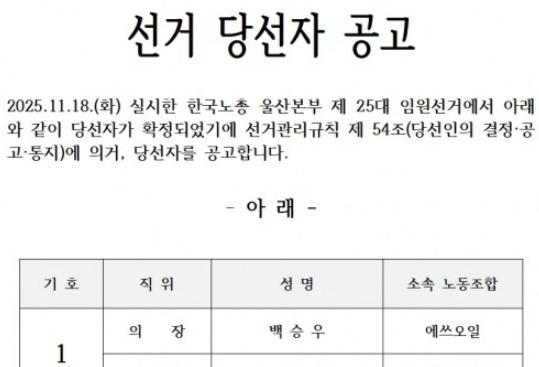 한국노총 울산본부 25대 의장에 백승우 에쓰오일노조위원장