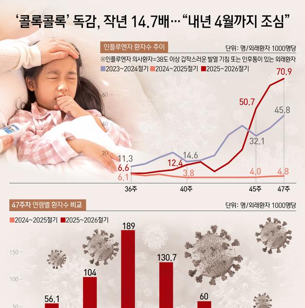 [오늘의 그래픽] '콜록콜록' 독감, 작년 14.7배…"내년 4월까지 조심"