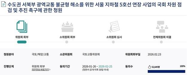 "수도권 서북부 교통 불균형 해소"…5호선 예타 발표 청원 목표 돌파