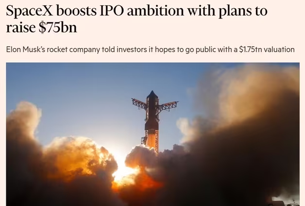 "스페이스X IPO 금액 750억달러, 6월 말 상장"-FT