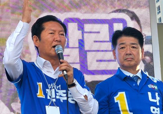 정청래 "지역 발전 위해  힘 있는 여당"…장동혁 "공산국가 막아야"(종합)