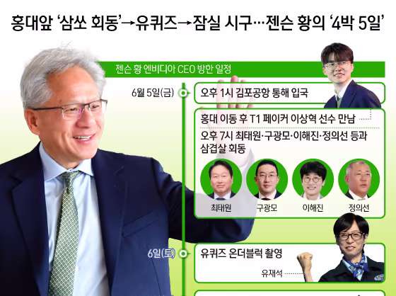홍대앞 '삼쏘 회동'→유퀴즈→잠실 시구…젠슨 황의 '4박 5일'