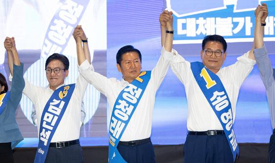 강원 합동연설회 손잡은 김민석·정청래·송영길