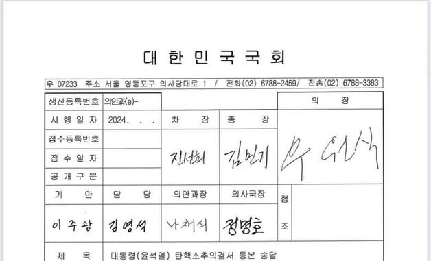 '尹 대통령 탄핵소추 의결서 등본'