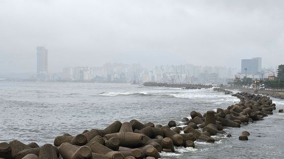 가을비와 해무에 덮인 영일대해수욕장