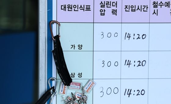 종합상황판에 결린 소방대원 인식표