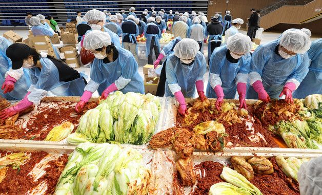 취약계층에 전달될 김치 담그는 자원봉사자들