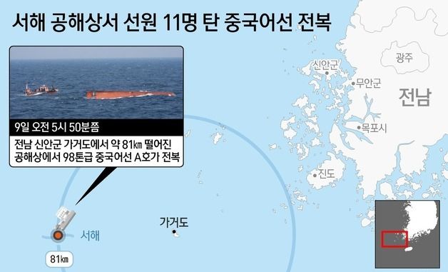 [그래픽] 서해 공해상서 선원 11명 탄 중국어선 전복
