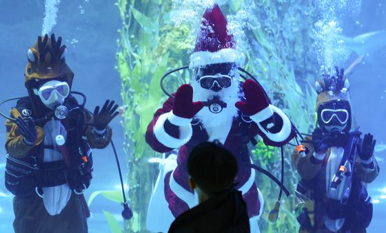 관람객 향해 인사하는 수중 산타와 루돌프