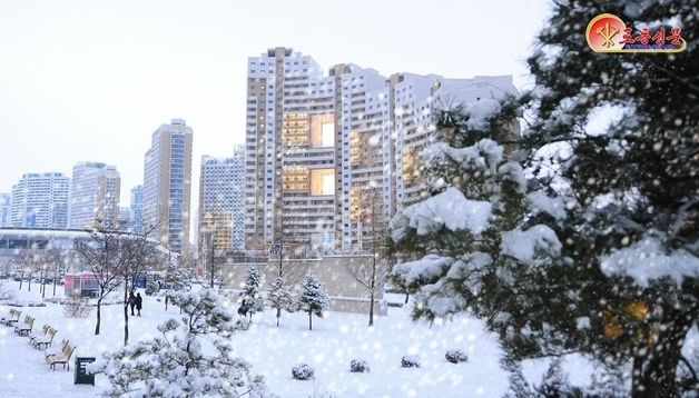 北 평양에도 첫눈이…고층 빌딩 뒤덮은 눈