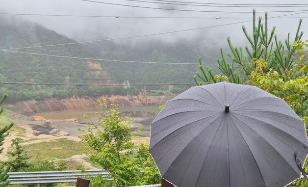 우산 쓰고 오봉저수지 바라보는 강릉시민
