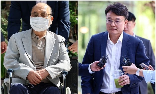 특검 출석하는 이봉관 서희건설 회장과 맏사위 박성근 전 비서실장
