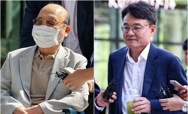 특검 출석하는 이봉관 서희건설 회장과 맏사위 박성근 전 비서실장