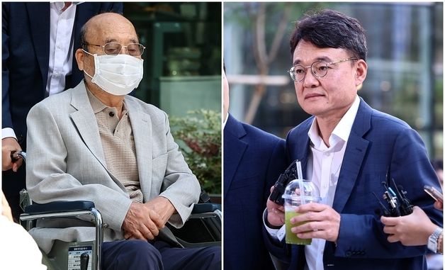 특검 출석하는 이봉관 서희건설 회장과 맏사위 박성근 전 비서실장