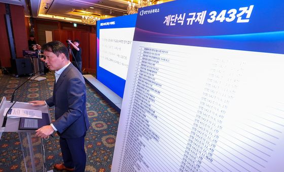 계단식 규제 사례 설명하는 최태원 회장