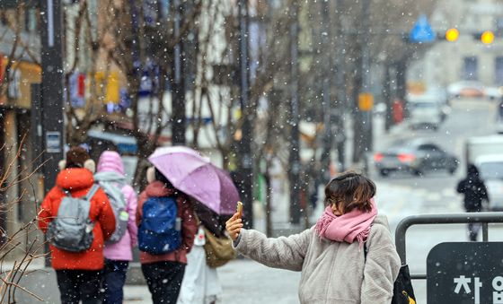 눈 내리는 서울 배경으로 '찰칵'