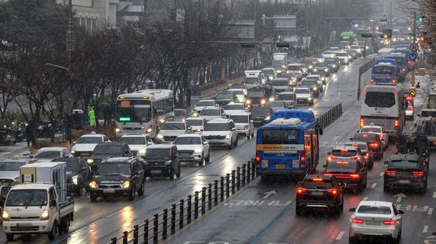 많은 눈으로 정체되는 퇴근길