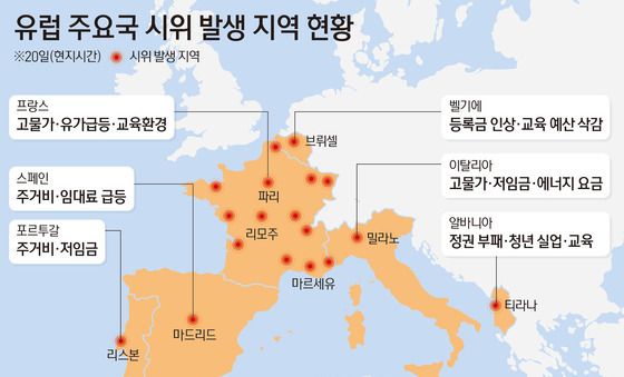 [그래픽] 유럽 주요국 시위 발생 지역 현황