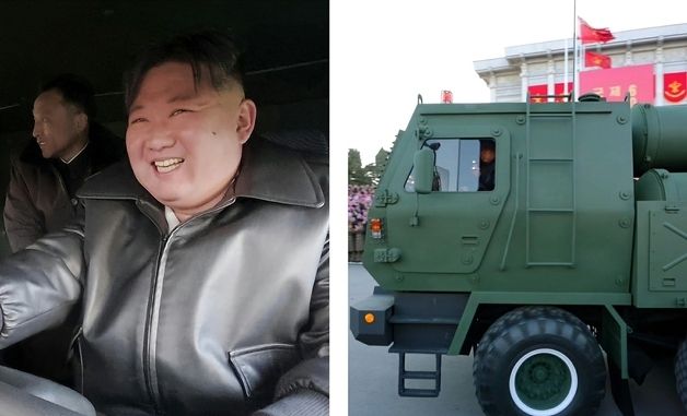 北, 600㎜ 대구경방사포 증정식…방사포 차량 운전하는 김정은