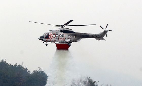 산불에 검게 그을려 있는 산림청 헬기