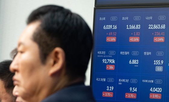 정청래 대표 뒤로 보이는 코스피 6000