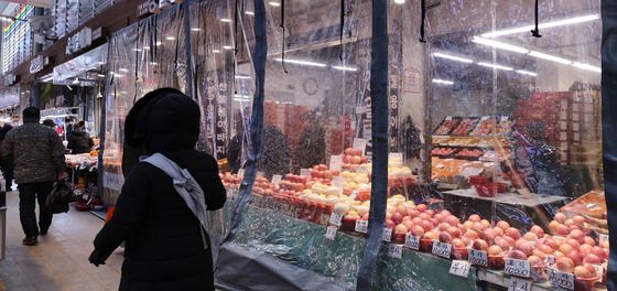 한파 속 과일 지키기…전통시장 바람막이 풍경