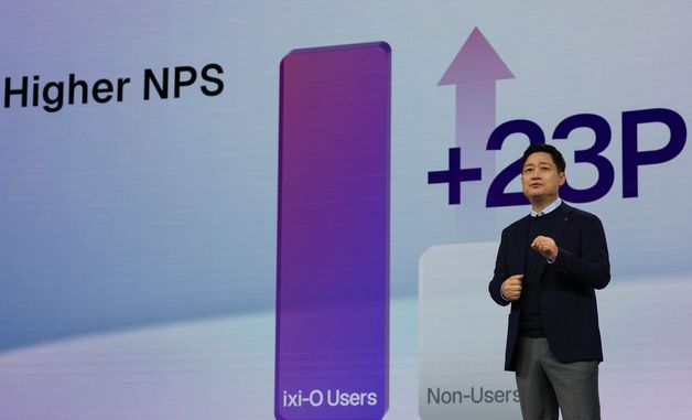 모바일 월드 콩드레스 2026에서 기조연설하는 홍범식 LG유플러스 대표