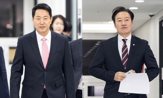 국민의힘 서울시장 후보자 면접 향하는 오세훈·박수민