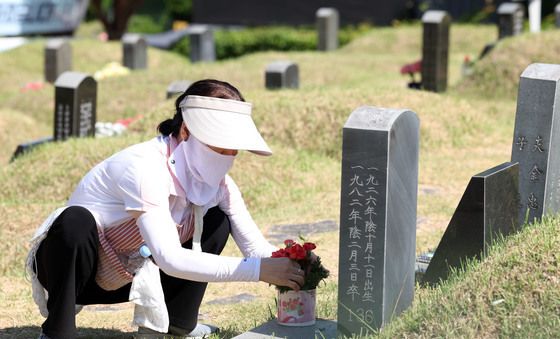 새 꽃 놓아두는 자원봉사자