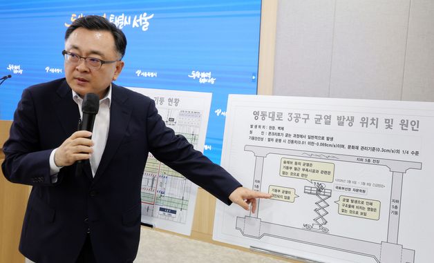 영동대로 3공구 균열 발생 위치 및 원인 설명하는 김성보 직무대행