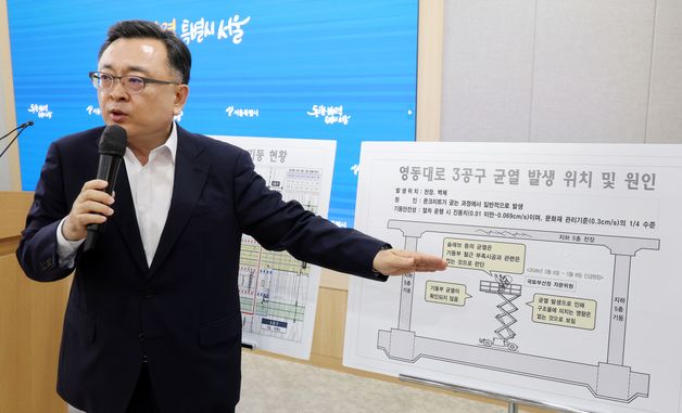 영동대로 3공구 균열 발생 위치 및 원인 설명하는 김성보 직무대행