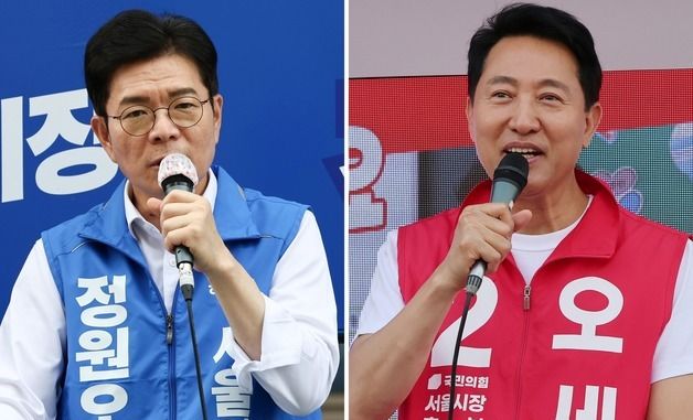 연휴 마지막날 유세 총력전 나선 정원오·오세훈