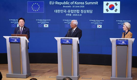 한·EU 공동언론발표 하는 이재명 대통령