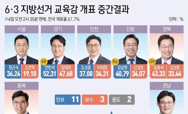 [그래픽] 6·3 지방선거 교육감 개표 중간결과(오전 2시 35분 기준)