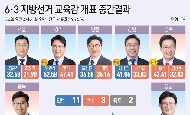 [그래픽] 6·3 지방선거 교육감 개표 중간결과(4시 35분 기준)
