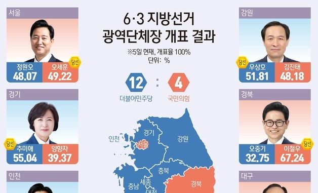[그래픽] 6·3 지방선거 광역단체장 개표 결과